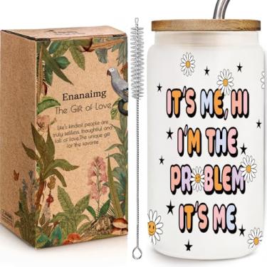 Imagem de Presente de copo de vidro para festas de concerto para mulheres Swift Fan, copo sarcástico copo de vidro de 473 ml com canudo e tampa presentes para amigos - It's Me Hi I'm the Problem It's Me