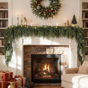Imagem de Guirlandas de pinheiro norfolk artificiais de 1,8 m com luzes, guirlanda de pinheiro de inverno de toque real, para escadas, mesa, manto, parede, decorações de Natal internas e externas, arranjos de