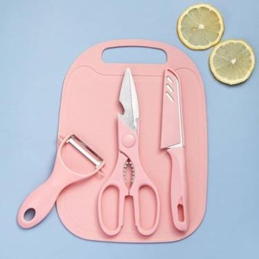 Imagem de Conjunto de Utensílios de Cozinha 4 Peças, Cores Sortidas, Aço Inoxidável e Plástico, com Faca, Tesoura, Descascador e Tábua de Corte, 25 x 18,5 cm