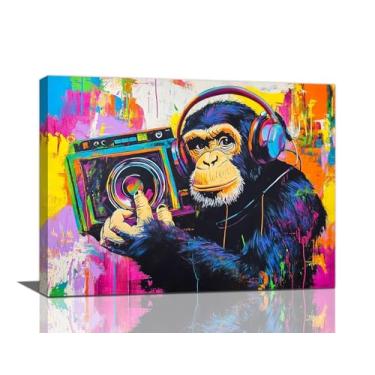 Imagem de Monkey Wall Art Street Graffiti Monkey Wall Decor Banksy Impressão em tela colorida imagens de chimpanzé arte moderna decoração de casa para banheiro quarto sala de estar emoldurada 41 x 30 cm
