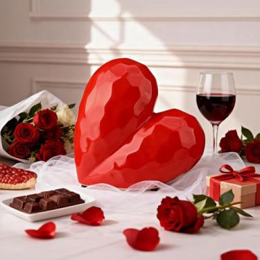 Imagem de Threehoney Escultura decorativa de coração de cerâmica de porcelana para decoração de casa, estátua de arte abstrata moderna inspirada em origami angular dimensional para dia dos namorados, sala de