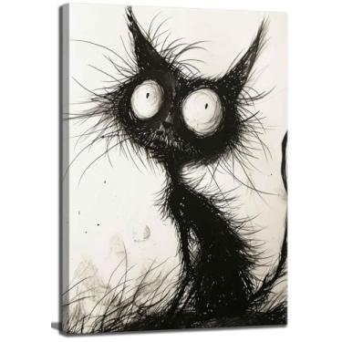 Imagem de Arte de parede em tela de gato preto engraçado gótico assustador pintura felina imagens de Halloween arte assustadora preto e branco cartazes de gato impressões para café, bar, sala de estar