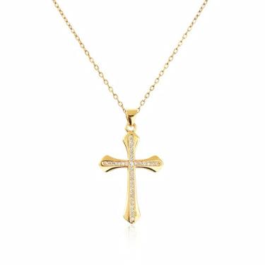 Imagem de Colar feminino delicado banhado a ouro 14 k com pingente de cruz de diamante não manchado moderno Dia de Ação de Graças Cristão Fé Religiosa Joias Presentes, Latão, Zircônia cúbica