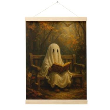Imagem de Evcprz Moldura de pôster de arte de parede de fantasma de leitura de Halloween, decoração de sala de leitura de biblioteca, Dark Academia Outono Bookish Ghost Hanging Canvas Prints Wall Art, 30 x 40