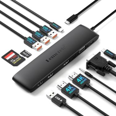 Imagem de Lemorele Adaptador Hub 12 em 1 USB-C com Duplo HDMI 4K + VGA, 4 Portas USB 3.0, PD, USB-C, Leitor SD/TF e Áudio 3.5mm - Plug & Play para HP, Surface e MacBook