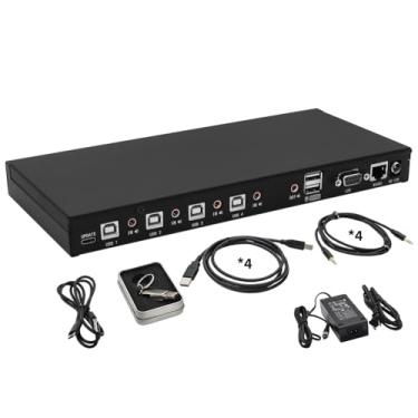Imagem de Interruptor KM de 4 portas com controle de roaming de mouse, comutação de áudio independente, suporta vários monitores, controle de teclas de atalho, inclui cabos e software de gerenciamento para