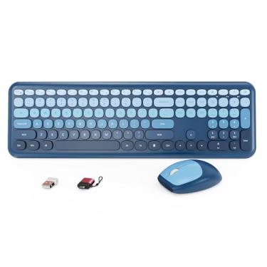 Imagem de HotFox Combo de teclado e mouse sem fio, teclado de máquina de escrever retrô de tamanho completo com teclas redondas, design ergonômico para Windows PC, uso doméstico e escritório - azul