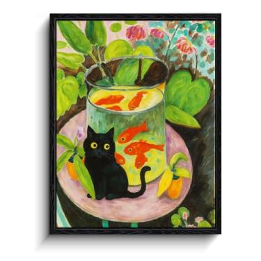 Imagem de Arte de parede emoldurada de gato preto, gato preto engraçado com peixe dourado em Matisse impressão de arte texturizada, pinturas estéticas para quarto, sala de estar, banheiro, decoração de parede