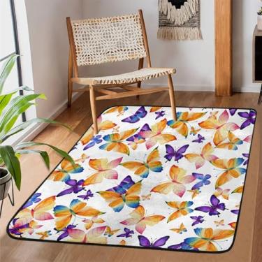 Imagem de Tapete de área para sala de estar, lavável à máquina, borboleta, laranja, roxo, animal, antiderrapante, tapete macio para sala de estar, quarto, sala de jantar, berçário, cozinha, decoração de casa