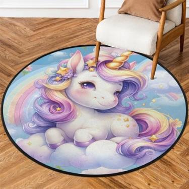 Imagem de Tapete redondo de 1,5 m roxo unicórnio fofo macio tapete circular antiderrapante lavável tapete de porta para interior quarto berçário sala de estar cozinha banheiro entrada casa tapete decoração