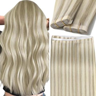 Imagem de Caliee Fita de trama longa de 40,6 cm em extensões de cabelo humano invisível em extensões cor P18/613 Loiro claro misto loiro claro trama de uma peça 50G