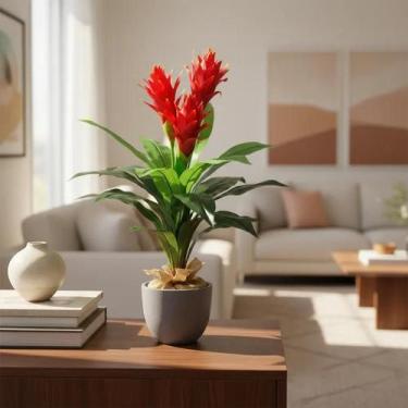 Imagem de Planta Bromelia Com 3 flores Vermelhas Real Artificiais 80cm - La Caza