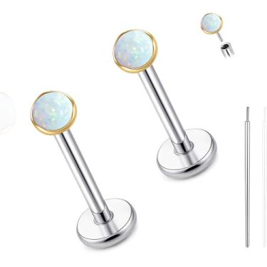 Imagem de limerencia Brincos de nariz de opala de titânio hipoalergênicos 20G, 2 peças de brincos de pressão nas costas planas Labret Medusa Monroe Helix cartilagem tragus concha piercing joias para mulheres e