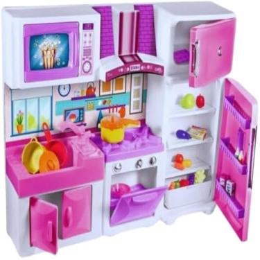 Imagem de Cozinha infantil com eletrodomesticos rosa, pratica, funcional, colorida, divertida, e ludica,completa
