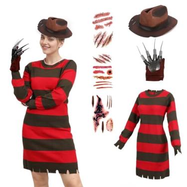 Imagem de GOBWCOT Fantasia feminina de Halloween verde vermelho listrado suéter chapéu luvas tatuagem filme terror assassino roupa