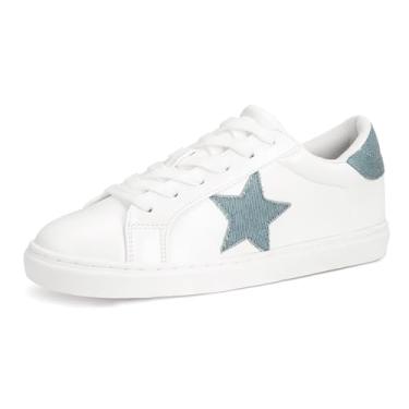 Imagem de PARTY Tênis feminino Fashion Star com cadarço, cano baixo, confortável, acolchoado, Couro sintético azul denim branco, 38