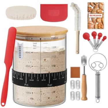 Imagem de RYTOXILO Kit de pote para iniciantes, potes grandes de massa azeda de vidro de 1,417 g, boca larga para iniciantes, conjunto de recipientes de 8 peças para iniciantes de pão com tampa de bambu, pote