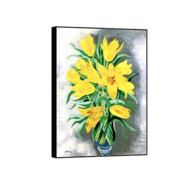 Imagem de BMZFYBS Pintura de arte de parede de flores - imagem de decoração vintage - flores amarelas - impressões em tela de moldura preta para sala de estar 90 x 125 cm 35 x 49 pol