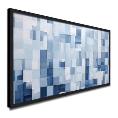 Imagem de Quadro de parede de pintura abstrata emoldurada para decoração de sala de estar arte de parede em tela neutra moderna decoração de casa (azul e branco, 122 cm x 61 cm, emoldurado)