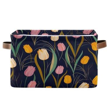 Imagem de Wassud Cesta de armazenamento de tulipas coloridas para organizar caixote de armazenamento decorativo dobrável aberto para casa com alça organizador de tecido para armário e quarto, pacote com 2