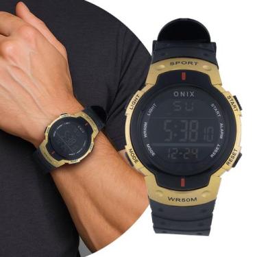Imagem de Relógio Masculino Digital Preto e Dourado de Pulso com Pulseira de Sil