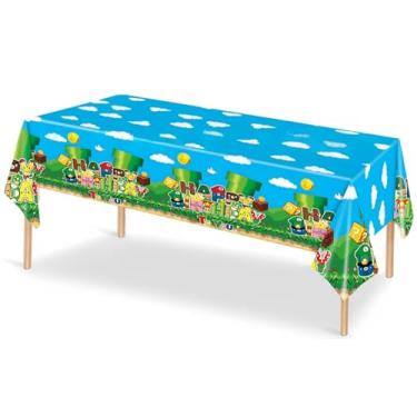 Imagem de T-Mogur 3 peças Super Brothers Games Decorações de festa toalha de mesa de aniversário 137 x 274 cm, toalha de mesa descartável para crianças, plástico Super Bros com tema de desenho animado para chá
