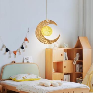Imagem de Luminária pendente de rattan trançado à mão, soquete E27, altura ajustável, estilo campestre rural, cúpula bege em formato de lua, feita de corda de cânhamo. Lustre retrô ideal para sala de
