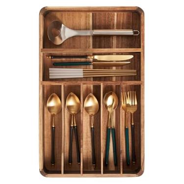 Imagem de blossome better addition to better life Organizador de gavetas, bandeja de madeira de acácia para talheres e talheres | Suporte fixo de 26,7 cm de largura, 7 compartimentos para garfos e colheres