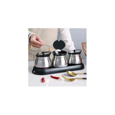 Imagem de Conjunto 3 Porta Condimentos de Vidro, 250ml, Material Metal e Plástico, Cor Inox/Preta, com Suporte, Inclui Colheres