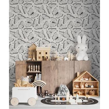Imagem de Papel de Parede Decorativo com Padrão de Borboletas em Preto e Branco, Estilo Moderno 2,80m