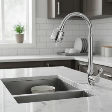 Imagem de Torneira de Cozinha Gourmet Cromada com Bica Flexível, Dois Tipos de Jato, Arejador Regulável, Mecanismo 1/4 de Volta – BANCADA