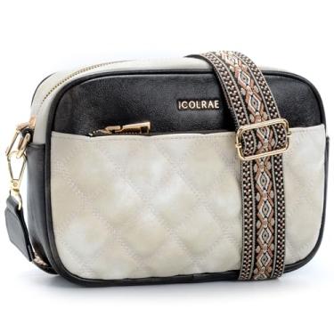 Imagem de ICOLRAE Bolsas transversais pequenas femininas acolchoadas de couro vegano com alça larga ajustável, Preto, branco