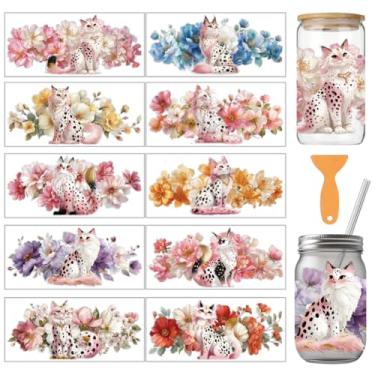 Imagem de arricraft 10 adesivos de transferência de copo de PVC com tema de gato, gato rosa leopardo com estampa de flor, adesivo UV à prova d'água para copos de 473 ml, janela de casa, decoração de impressão