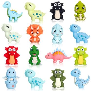 Imagem de Ferreve 16 peças de contas de dinossauro 3D, contas focais de silicone animal para fazer chaveiros, contas focais a granel para chaveiro com contas, artesanato, pulseira, corrente de telefone