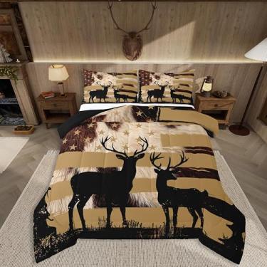 Imagem de jejeloiu Conjunto de cama retrô de caça, cervo, macio para meninos e meninas, conjunto de edredom queen com bandeira americana, edredom de animais e chifres de microfibra, decoração de quarto, 3 peças