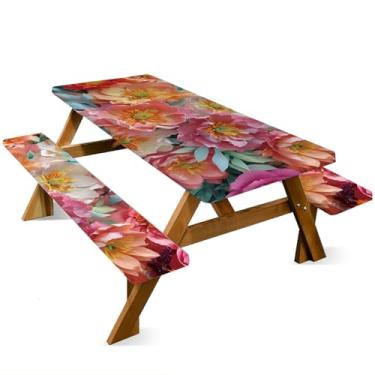 Imagem de ANNA QUEEN Conjunto de capa de mesa de piquenique de boneco de neve de Natal de 1,8 m com capas de banco, 3 peças, 183 x 76 cm, proteção de móveis para banco e toalha de mesa (flores vermelhas)
