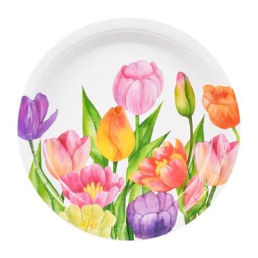 Imagem de AimFun 48 peças de tulipa floral pratos de festa tulipas flor prato de papel descartável 18 cm primavera verão jardim aquarela jantar sobremesa pratos de servir para Páscoa, chá de bebê, suprimentos