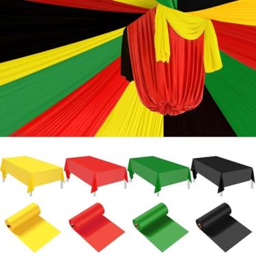 Imagem de Blulu 4 rolos de 30,5 m x 101,6 cm, capas de mesa de plástico descartáveis, toalha de mesa vermelha, verde, amarela, preta, pano de fundo de barraca para decoração de festa de Kwanzaa afro-americana