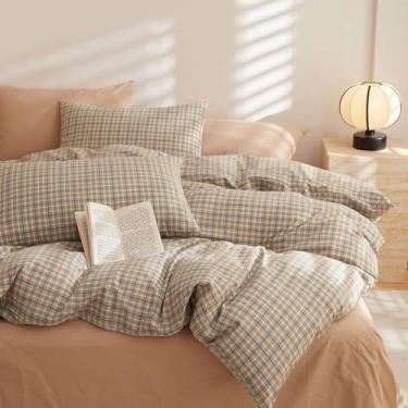 Imagem de HighBuy Conjunto de edredom Queen xadrez moderno e chique caqui com 3 peças, quadriculado macio e fofo, com 2 fronhas, conjunto de cama queen