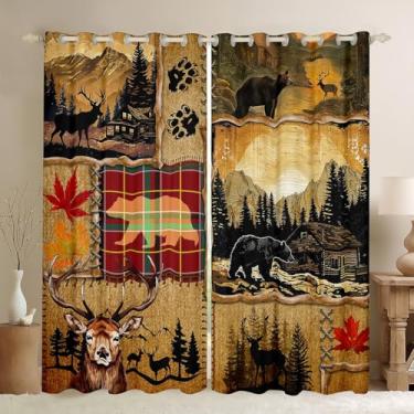 Imagem de Feelyou Cortinas blackout Kids Bear 30%-50% (2 painéis, 106 x 236 cm) Cortinas de escurecimento rústicas campestre de madeira tratamentos de janela de grade de fazenda