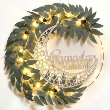 Imagem de Cinnvoice Eid Ramadan Mubarak Wreaths Placa de porta folhas artificiais Ramadã decoração de guirlanda para porta da frente Eid Al Fitr Lua, sinal de madeira, guirlanda de parede para decoração de