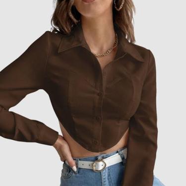 Imagem de Camisa Feminina Cropped Manga Longa Elegante Casual Moderna Estilosa T