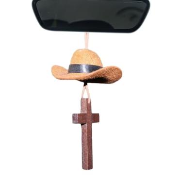 Imagem de para Espelho de,Pingente de Chapéu de Cowboy com Cruz | Acessórios Divertidos para Retrovisor de,Para Interior de SUV, RV, Sedã, Automóvel, Motorista, Homem, Mulher, Aniversário