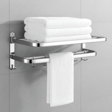 Imagem de Toalheiro Duplo Cromado Articulado, 60cm, Resistente, Porta Toalhas de Parede com Prateleira Casa Moderna Luxo Hotel Pousada