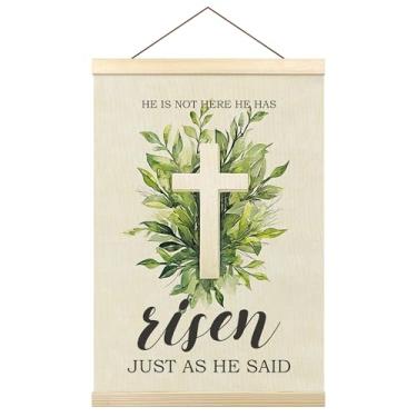 Imagem de Tzhim Moldura para pôster de Páscoa He Has Risen, versículos da Bíblia Cristã, decoração de parede para casa, escritório, igreja, verde, cruz, religiosa, Páscoa, impressões de arte de parede com