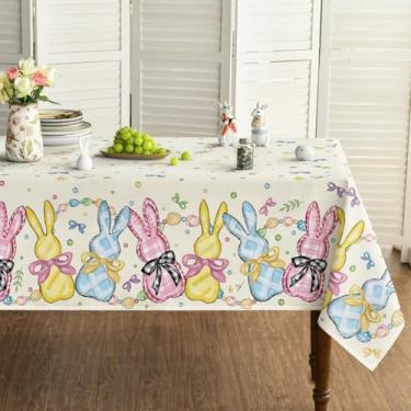 Imagem de Horaldaily Toalha de mesa retangular de Páscoa, 152 x 264 cm, xadrez, coelhos, ovos de Páscoa, laços, lavável e sazonal, para decoração de festa, piquenique, jantar