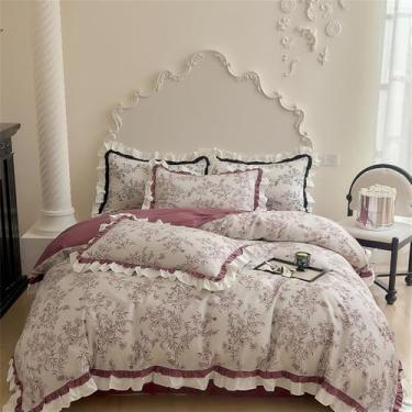 Imagem de Jogo de cama com estampa vintage de rosas em algodão, com babados, capa de edredom, lençol e fronhas, estilo 2, lençol de baixo com elástico de 1,5 m.