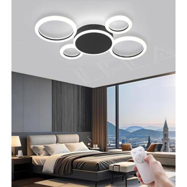 Imagem de Luminária de teto LED dimerizável preta/dourada com design moderno e criativo em formato de anel, com controle remoto, iluminação suave para os olhos, ideal para sala de estar, quarto e escr