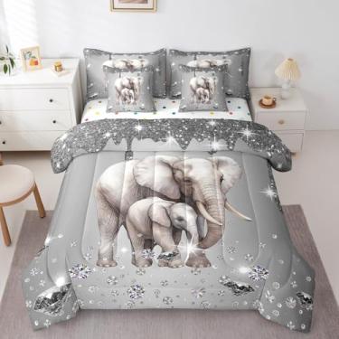 Imagem de Erosebridal Conjunto de cama queen de elefante em uma bolsa, 7 peças, arte fluida de lantejoulas prateadas, conjunto de cama e edredom com diamante de cristal, animais de safári africano, decoração de