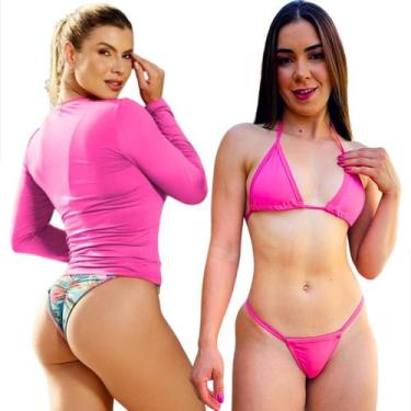 Imagem de Kit Camiseta Térmica Segunda Pele Feminina Biquini Fio Dental Cortinin